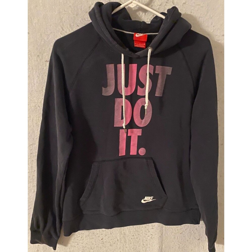 Vtg NIKE Hoodie Sz L Just Do It Spellout Black Pink Logo Sweatshirt Women's